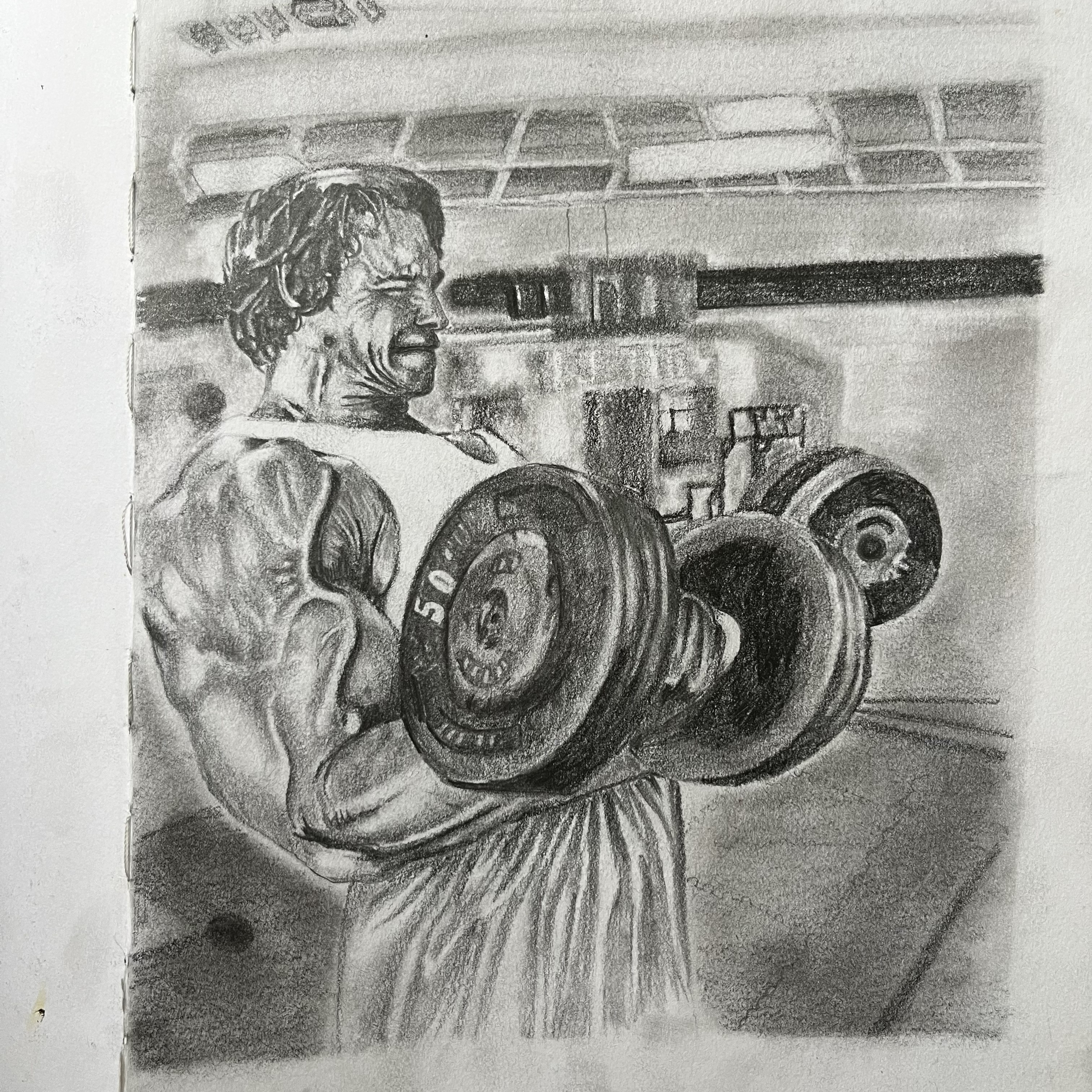 Graphite study of a bodybuilder performing a dumbbell curl